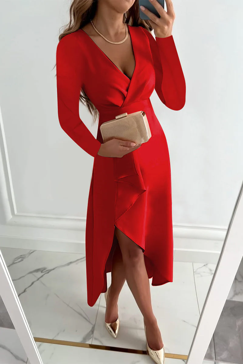 hulianfu Fashion Solid Patchwork V Neck Asymmetrical Dresses(5 colors) - Deanwangkt