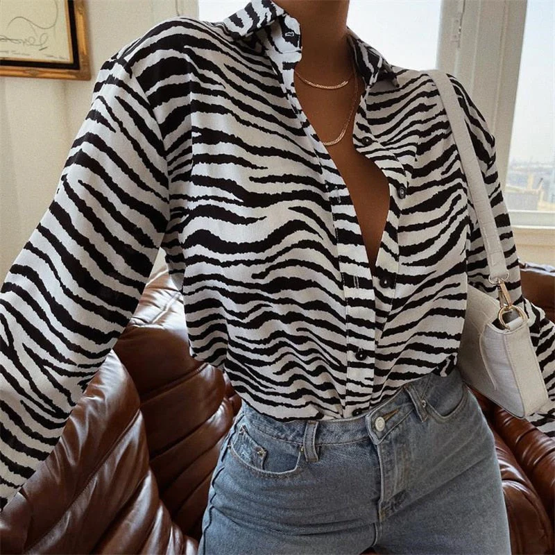 Hulianfu Fashion Women's Shirts Button Down Lapel  Abstract/Zebra Print Long Sleeve Loose Shirt Femme Tops Autumn New - Deanwangkt