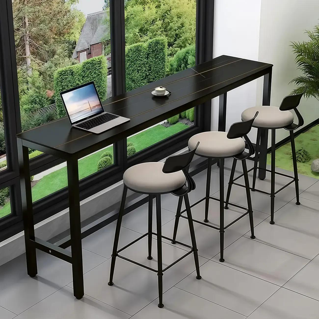 Modern Grey Stone Top Bar Height Table with Trestle Base