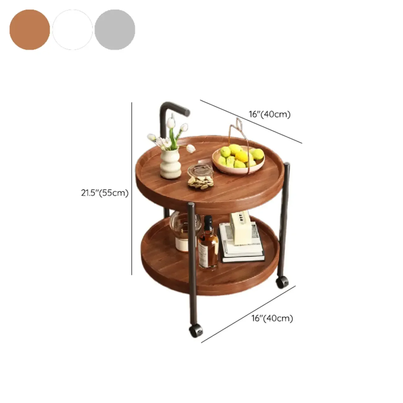 Modern 2-Tier Wood Round Coffee Table with Wheels, Tray