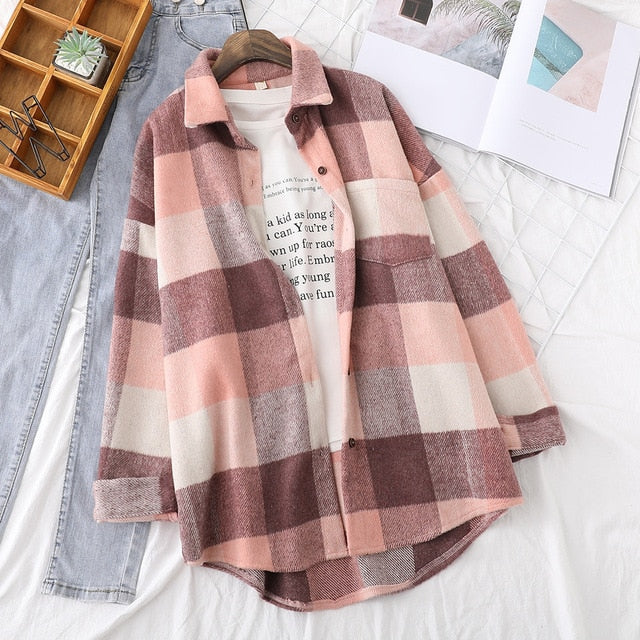 Hulianfu Spring New Women Big Plaid Full Sleeve Thick Warm Woolen Shirt Jacket Winter Oversize Tops Stylish Girl Casual Outwear T0N444T - Deanwangkt