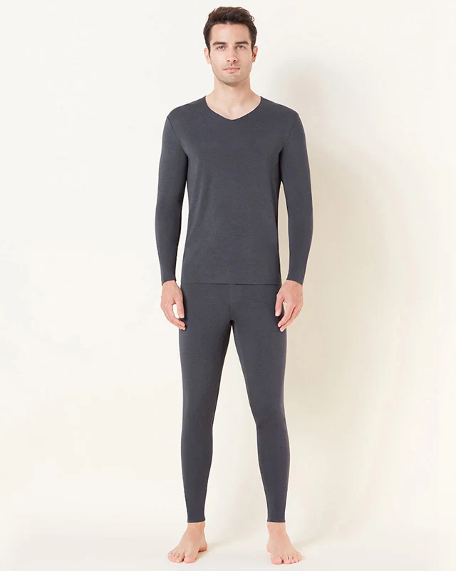 Free-Cut Smooth Milk Seamless Thermal Underwear for Men, V-Neck Slim Heat-Generating Base Layer Autumn Clothes and Long Johns Set