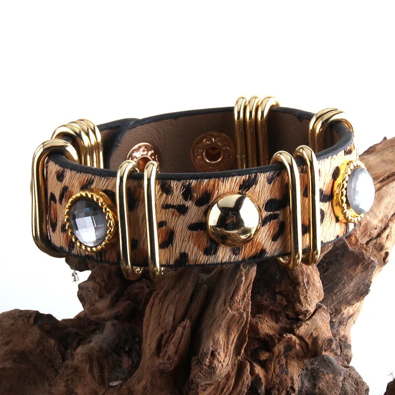 HULIANFU RH Fashion Boho Leather Armbander Goldcolor Metal Rectangle Real Leopard Horsetail Leather Bracelets For Women Gift DropShip - Deanwangkt