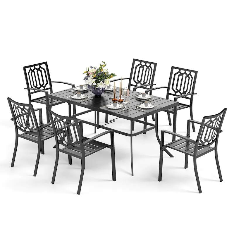MAISON ARTS Patio Dining Set 7 Piece Metal Rectangle Patio Table with 2.6  Umbrella Hole and 6 Metal Dining Chairs, Black
