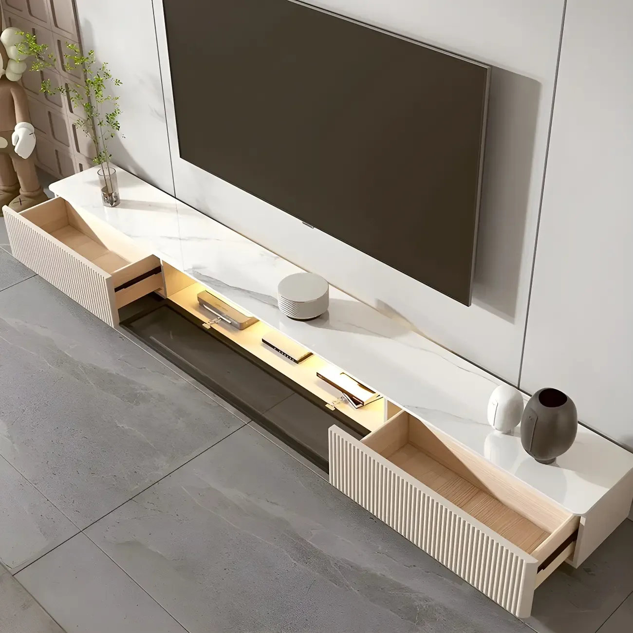 63 Champagne Modern Stone TV Stand with Cable Management