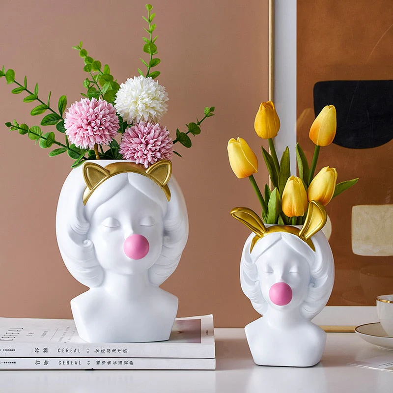 HULIANFU Resin Vase Nordic Modern Home Decoration Cute Girl Blowing Bubbles Decorative Head Carving Flower Vases Pen Holder Vase Flowers - Deanwangkt
