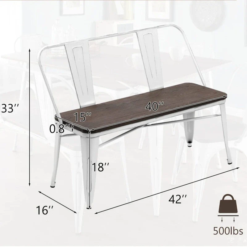 Dining Bench, Entryway Bench with Back, Farmhouse Metal Dining Bench, Industrial Mid-Century 3 Person Bench, Wood Seat