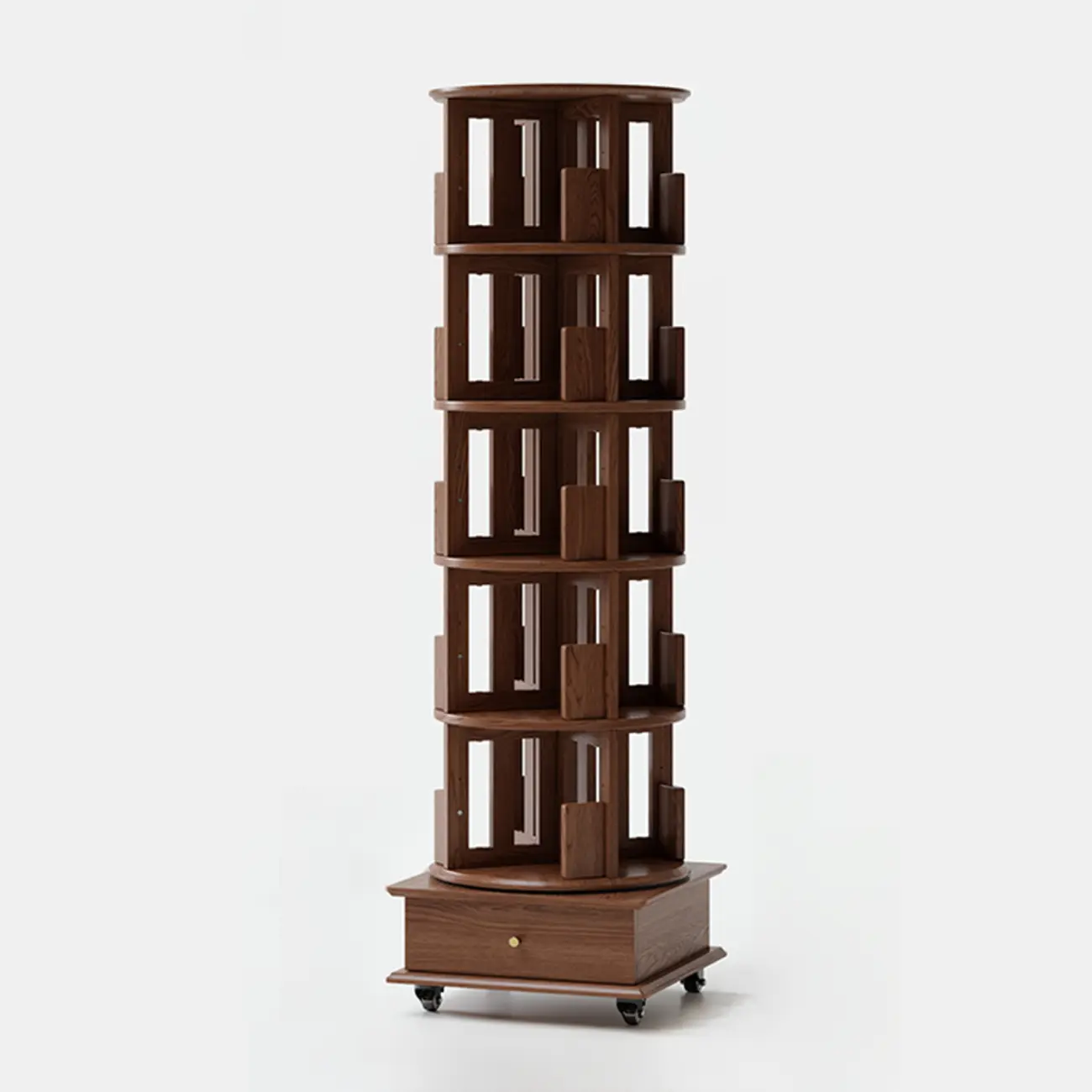 Cylindrical Movable 360° Rotating Wooden Bookshelf with Drawer