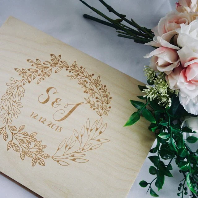 HULIANFU Personalized GuestBook wreath, garden wedding Engraved Wooden Guest Book, floral wedding decor - Deanwangkt