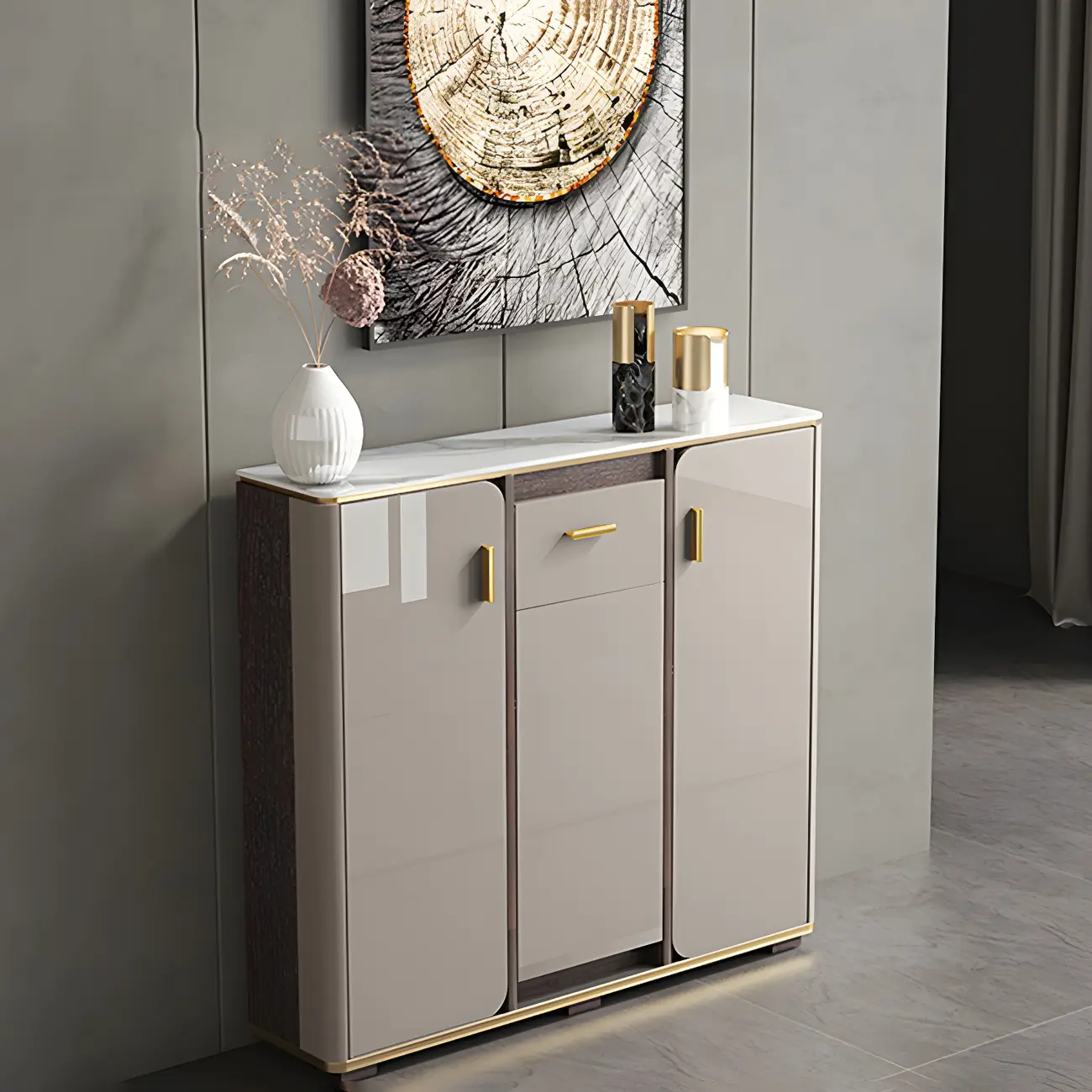 Glam Off-White Stone Top Sideboard with Cabinets