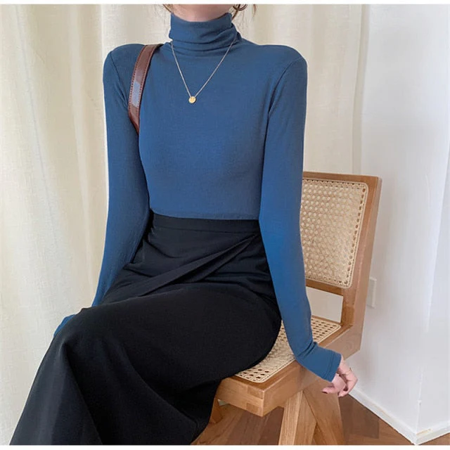 Autumn Women Pullover Tops Female Knitted Sweaters Solid Concise Turtleneck Elasticity Elegant Office Lady Casual All Match - Deanwangkt