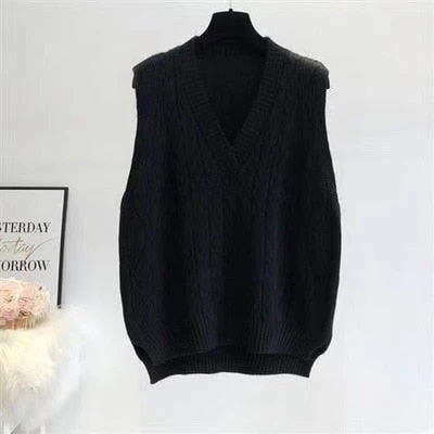Autumn Women's Sweater Vest V-neck Sleeveless Irregular Casual Loose Knitted Pullover Tops Female Outerwear - Deanwangkt