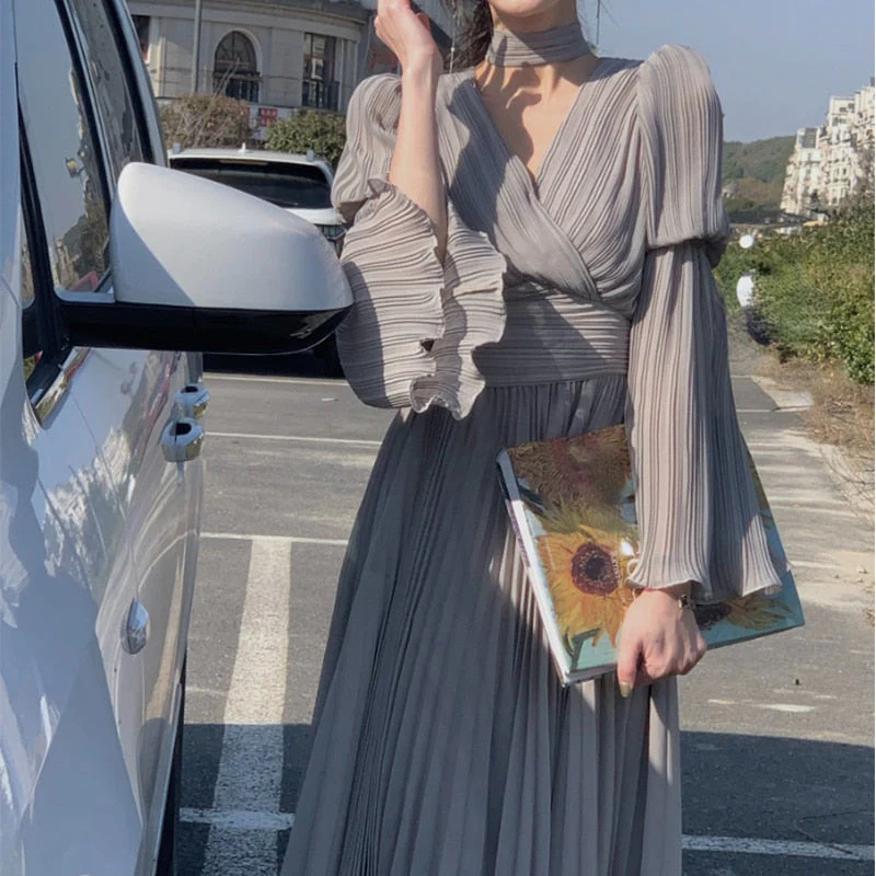 Hulianfu V Neck Flare Sleeve White Dress Fashion French Style Long Sleeve Dress for Women Elegant Chic Midi Vintage Dress - Deanwangkt