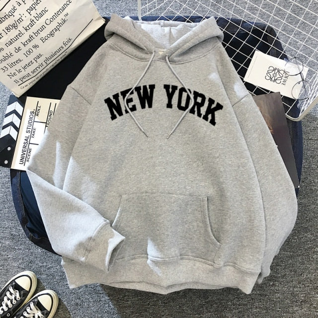 Female Thicken Warm Hoodies Lady Autumn Tops NEW Sweatshirts Velvet Winter Women's NEW YORK Printing Hooded Hoodies - Deanwangkt