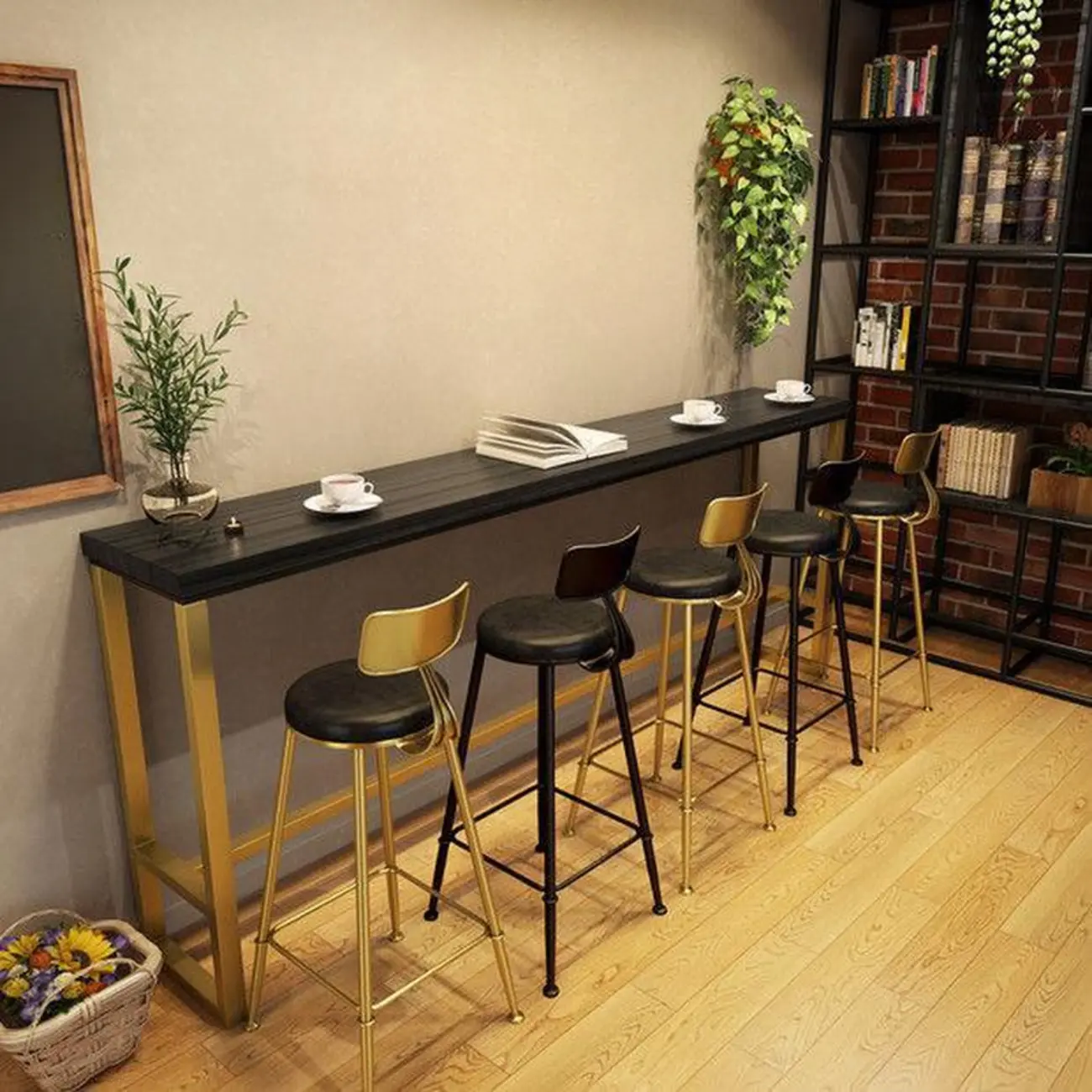 Luxurious Midnight Black Wood Gold Metal Leg Rest Bar Tables