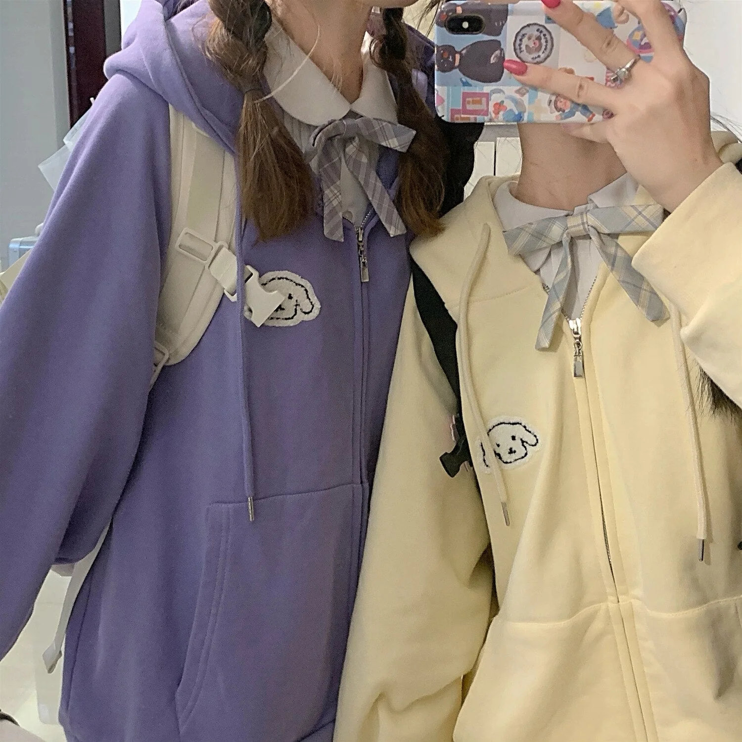 New Japanese Tops Hoodie Women's Kawaii Puppy Embroidered Sweatshirt Cardigan Loose Plus Velvet Jacket Girl Girlfriend Top - Deanwangkt