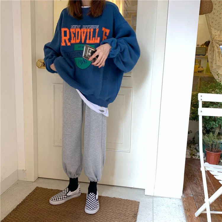 Autumn Women Fleece Letter Printed Pullover Sweatshirt Long Sleeve Casual Sports Lady Oversized Hoodie Korean Fashion - Deanwangkt