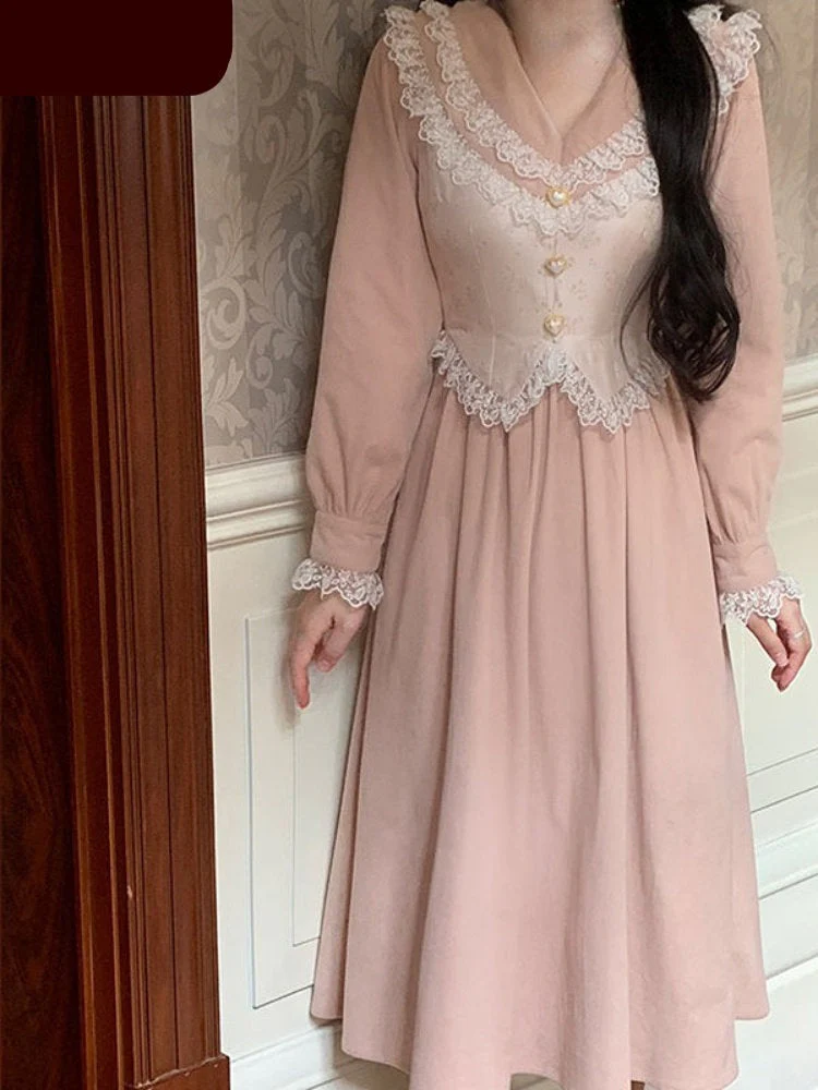 Hulianfu Corduroy Dress for Women 2026  New Fashion Fairycore Splicing Midi Dress Elegant Lantern Sleeve V Neck Y2k Vintage Dress - Deanwangkt