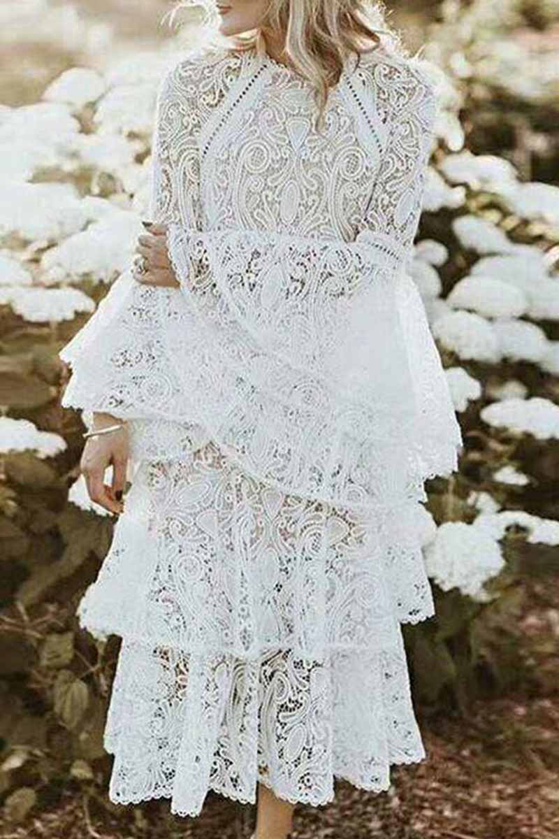 hulianfu Elegant Solid Hollowed Out Patchwork O Neck Princess Dresses - Deanwangkt