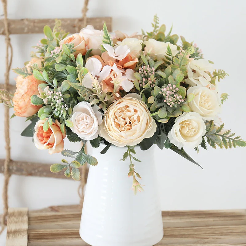 HULIANFU White Silk Artificial Roses Flowers Wedding Home Autumn Decoration High Quality Big Bouquet Luxury Fake Flower Arrangement Bulk - Deanwangkt