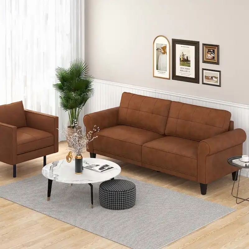 Modern Sofa Couch PU Leather 3-Seater with 2 Back Pillows Wooden Legs