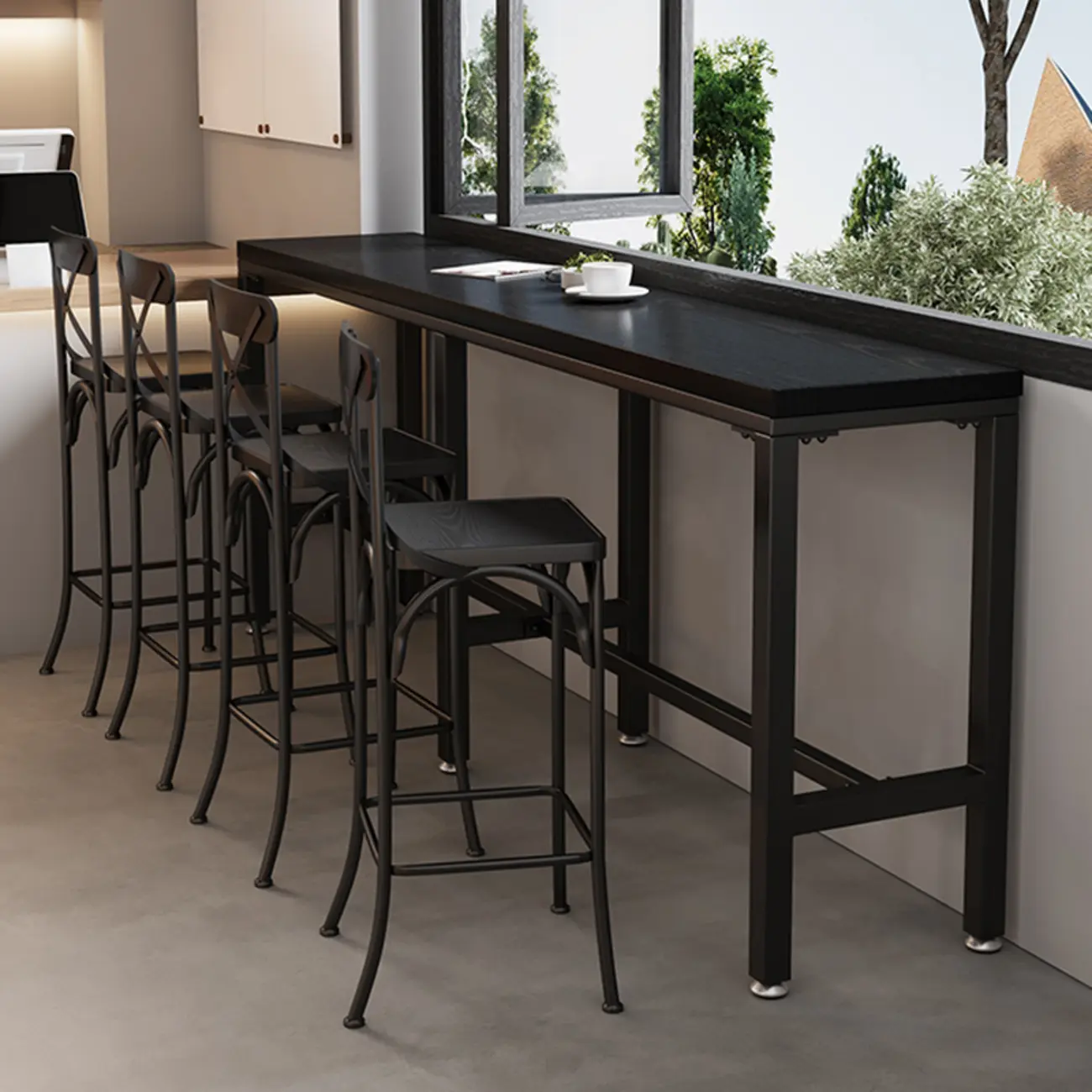 Modern Black Pine Wood Metal Bar Tables with Footrest