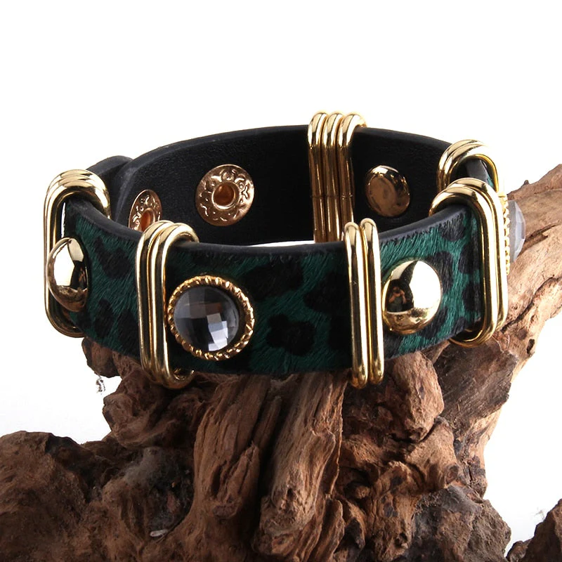 HULIANFU RH Fashion Boho Leather Armbander Goldcolor Metal Rectangle Real Leopard Horsetail Leather Bracelets For Women Gift DropShip - Deanwangkt