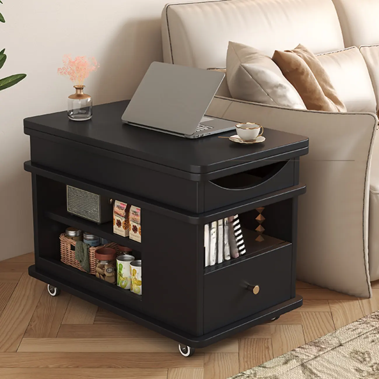 Rectangle Foldable Lift Top Wood Metal Side Table with Wheels