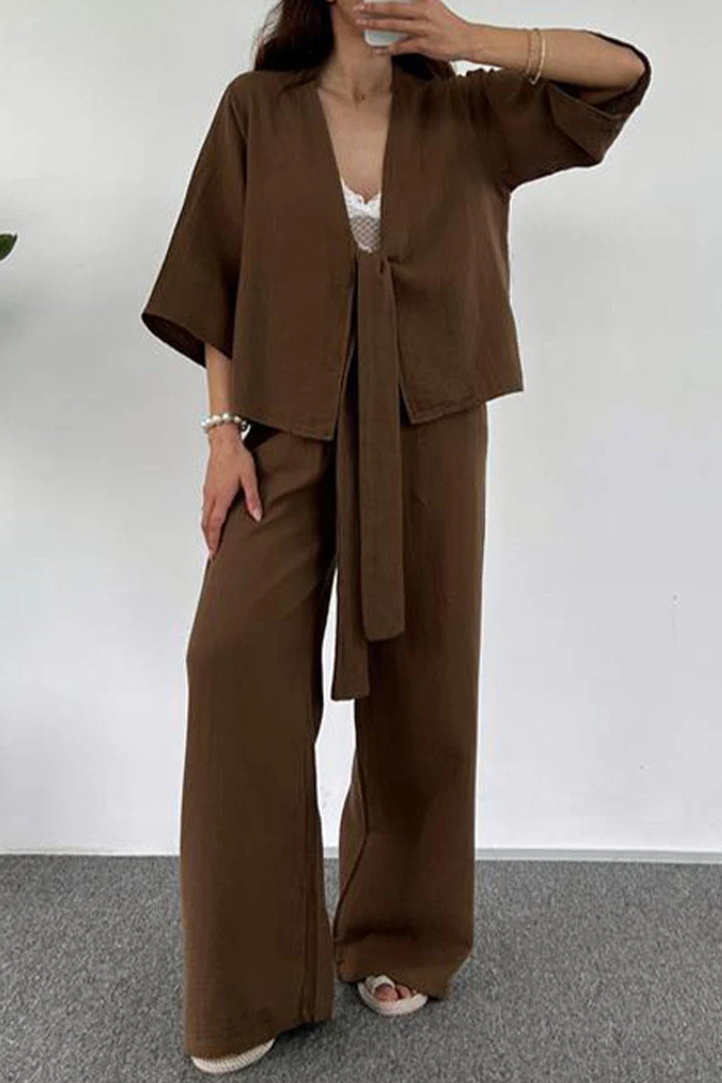 hulianfu Casual Simplicity Solid Pocket V Neck Three Quarter Two Pieces(3 Colors) - Deanwangkt
