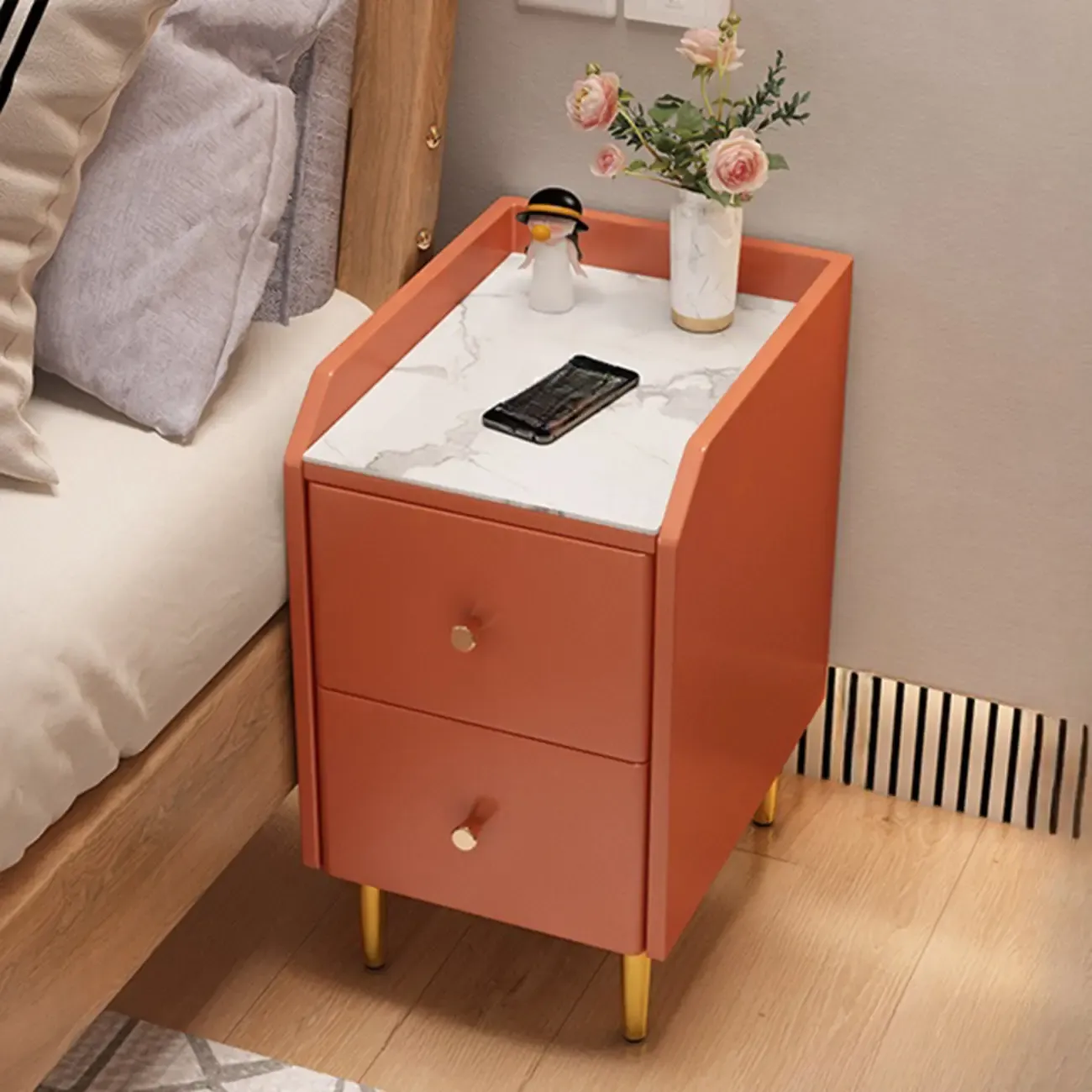 Narrow Faux Leather Drawer Nightstand with Stone Countertop