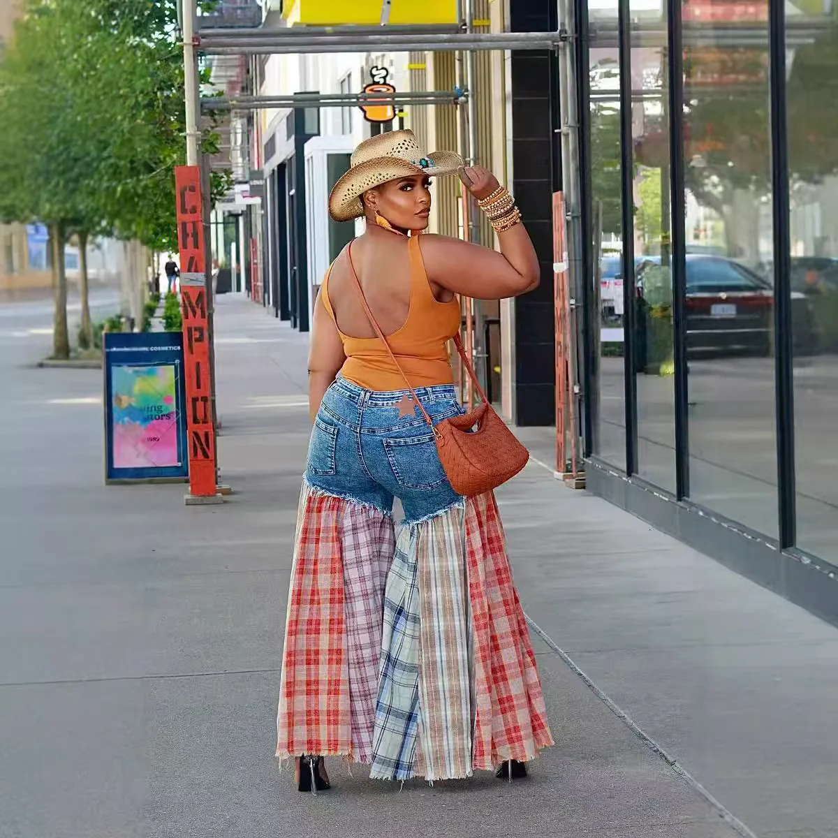 Plaid Patchwork On-trend Denim Maxi Dress - Deanwangkt