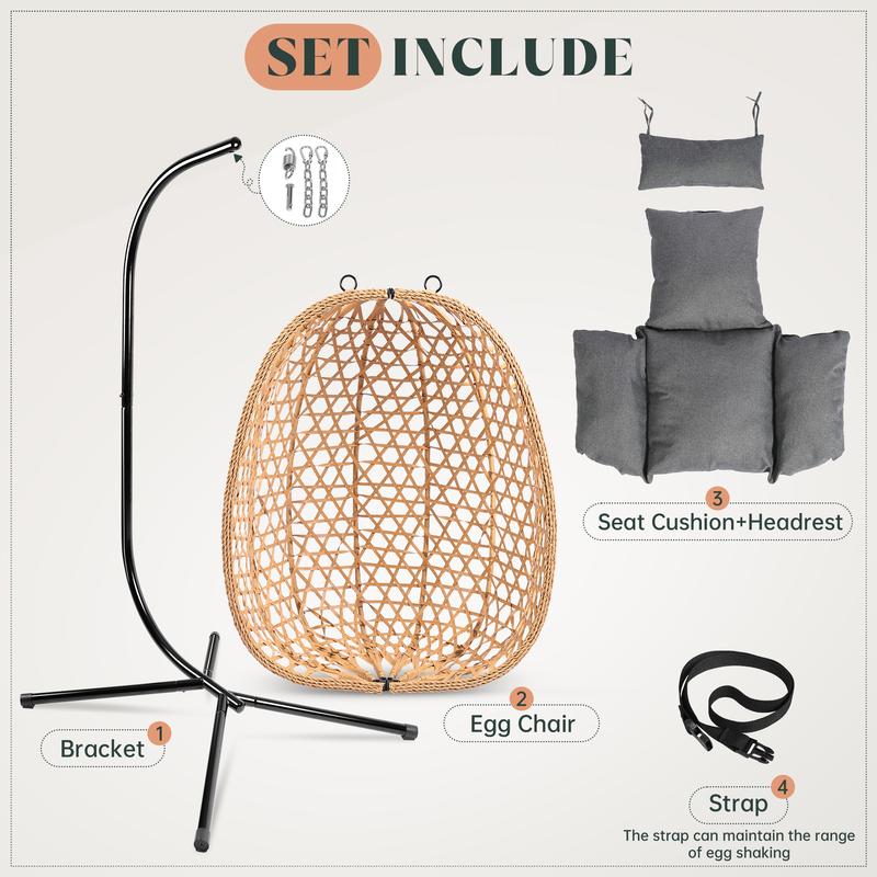 New Egg Swing Chair – Wicker Design, Perfect for Indoor and Outdoor Use, Supports Up to 350LB, Includes Cushion for Extra Comfort