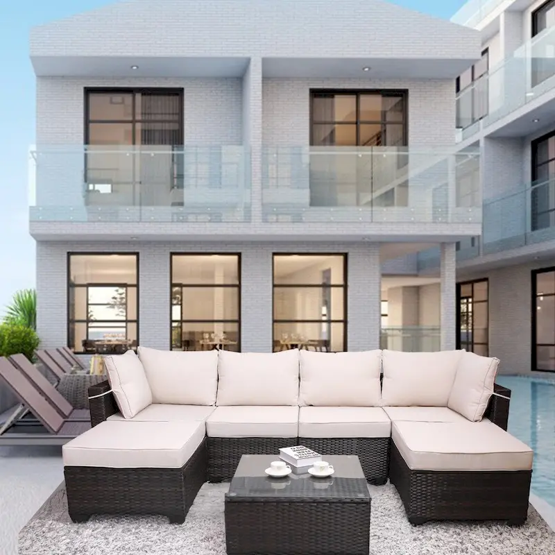 7-Piece Rattan Wicker Cushioned Sofa Sets with Coffee Table