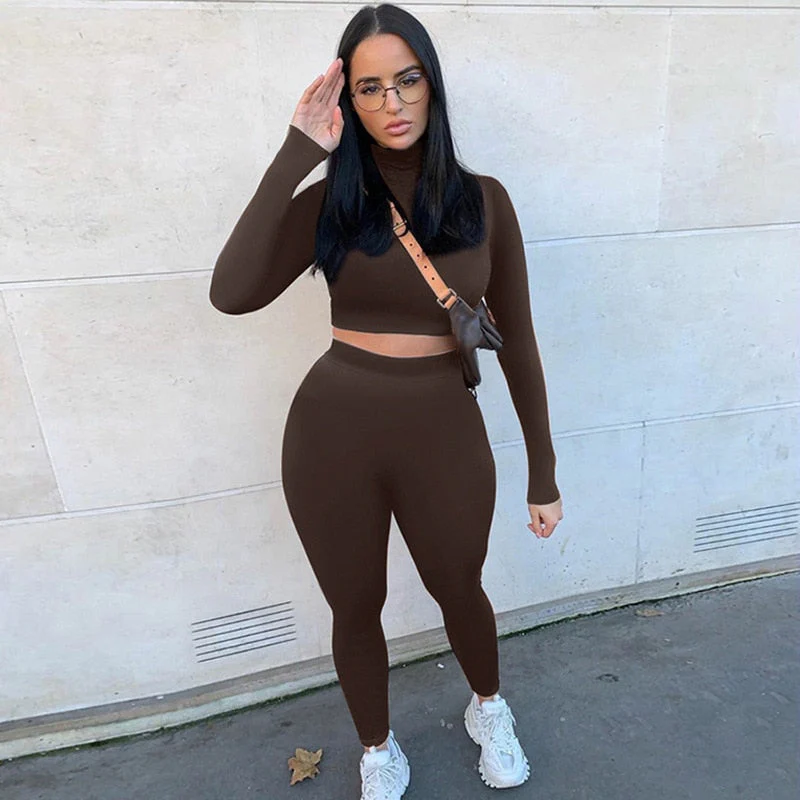 hulianfu Two Piece Sets Women Solid Autumn Tracksuits High Waist Stretchy Sportswear Hot Crop Tops And Leggings Matching Outfits - Deanwangkt
