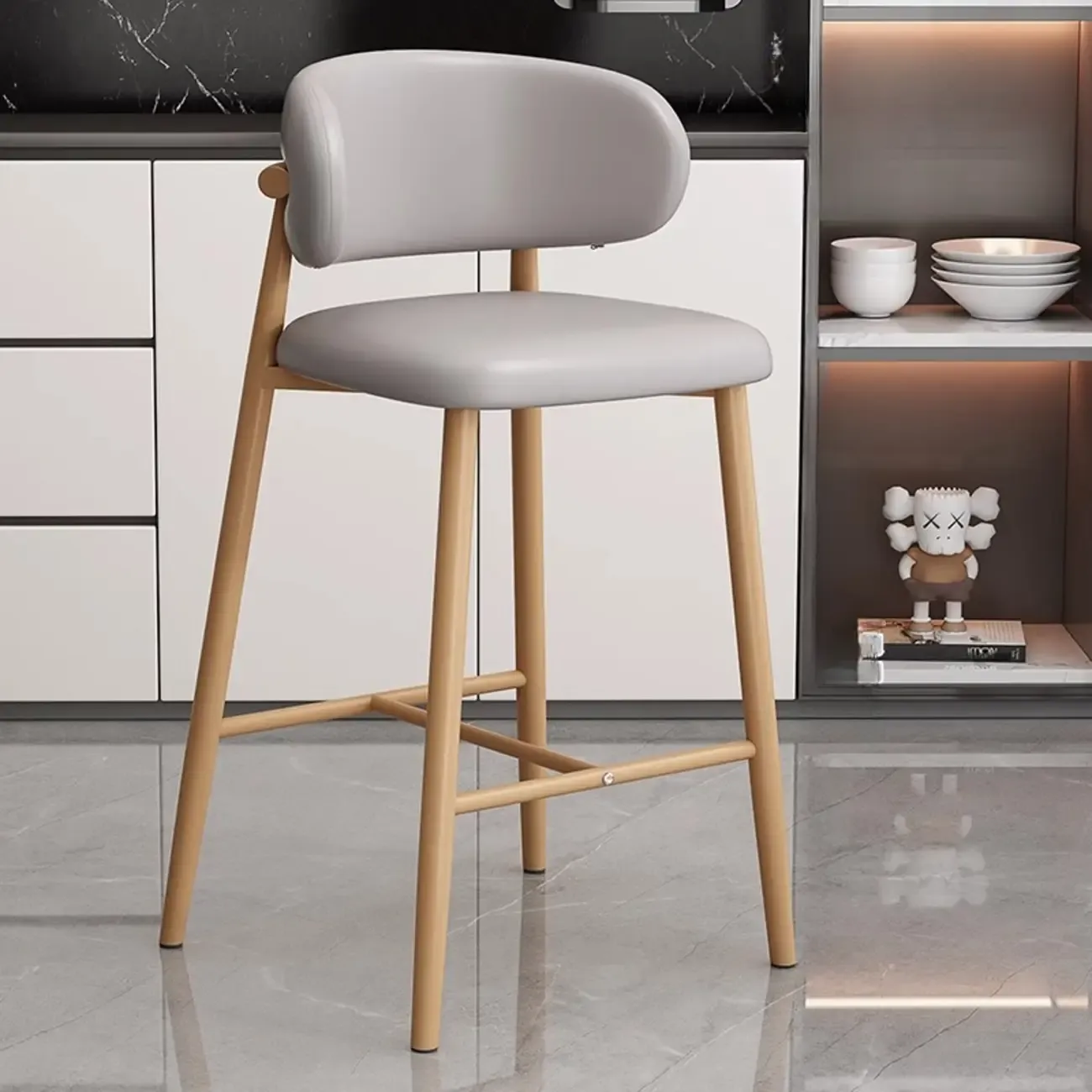 Modern Off-White Leather Curved Back Counter Bar Stools