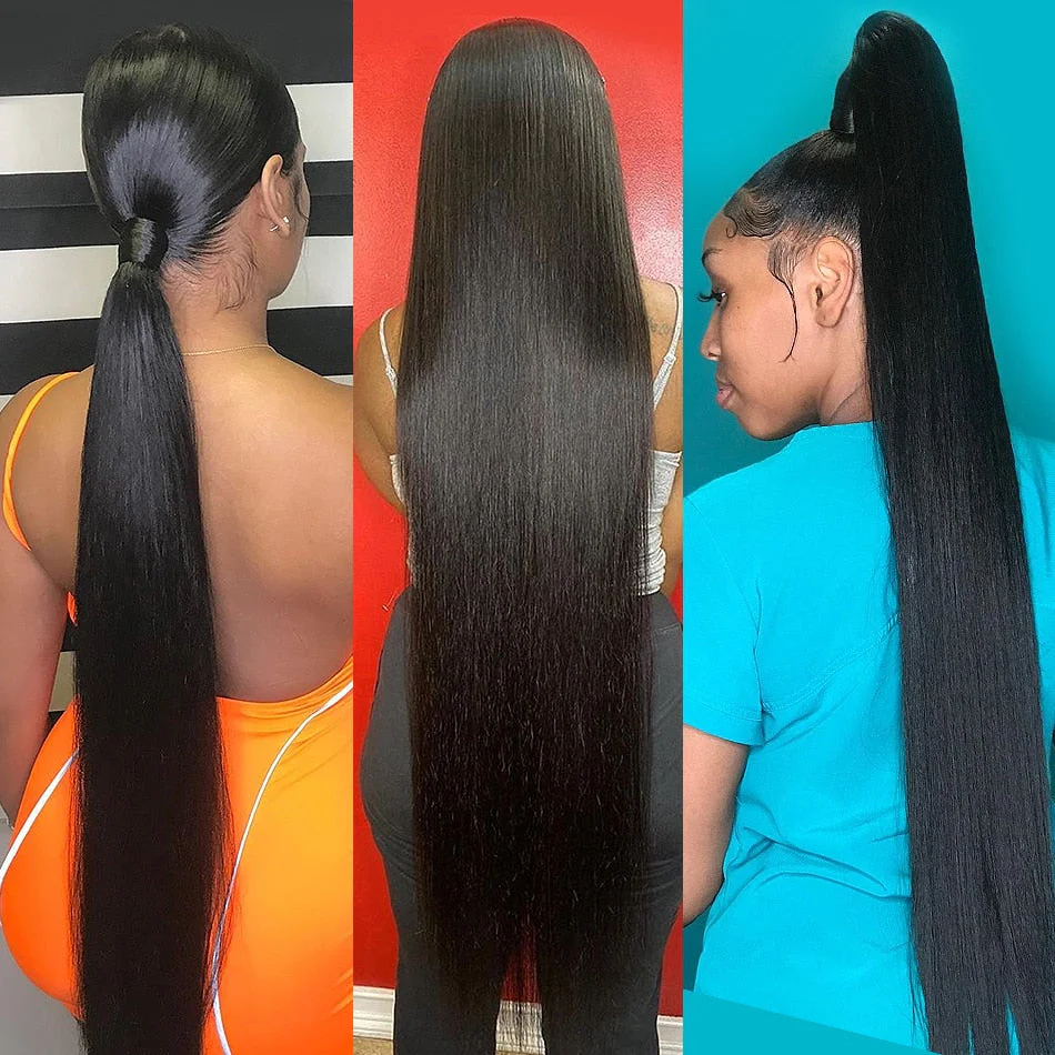 HULIANFU Queenlife 40 42 Inch Straight Human Hair Bundles With 13x4 Frontal Pre Plucked Brazilian Virgin Hair Lace Frontal With 3 Bundles - Deanwangkt