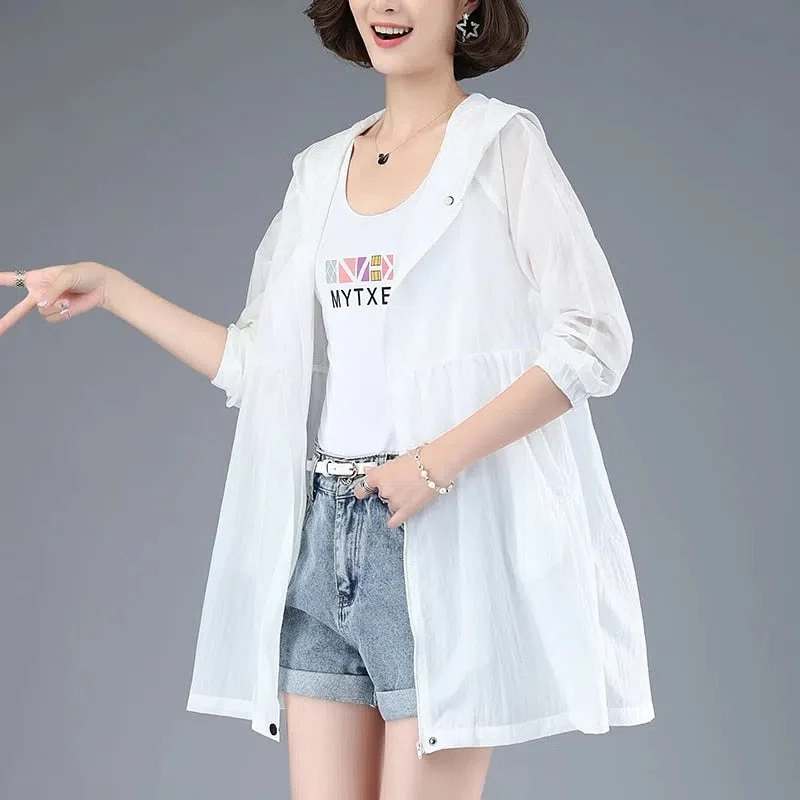 Hulianfu New Summer Medium Long Sun Protection Clothing Female Thin Jacket Loose Hooded  Coat Sun Protection Windbreaker Women - Deanwangkt