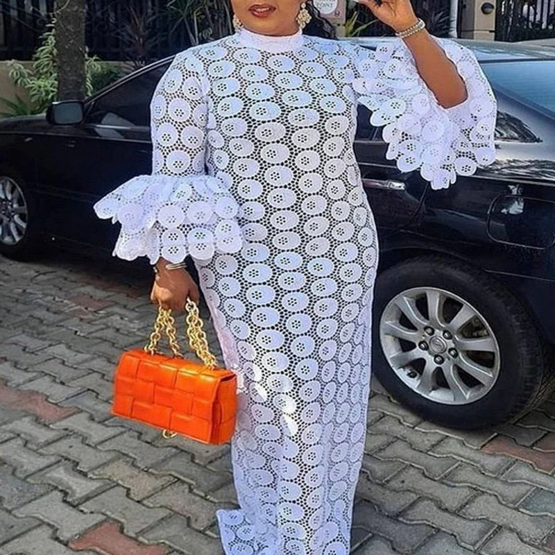 hulianfu African Dresses For Women Elegant Hollow Out New Muslim Fashion Abayas Dashiki Robe Kaftan Long Maxi Dress One Piece - Deanwangkt