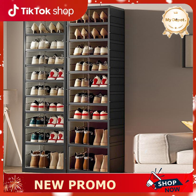 NLDD Expandable 9-Tier Shoe Rack with Clear Doors and Wheels: Collapsible Plastic Storage for 18 Pairs, Space Saving Cabinet for Bedroom Box Boxes