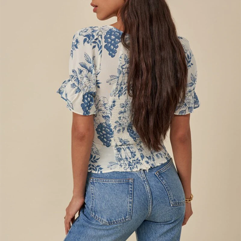 Hulianfu French Vintage Square Collar Puff Sleeve Folds Lace-Up Shirt Zipper Female Floral Print Summer New Fashion Crop Tops Women - Deanwangkt