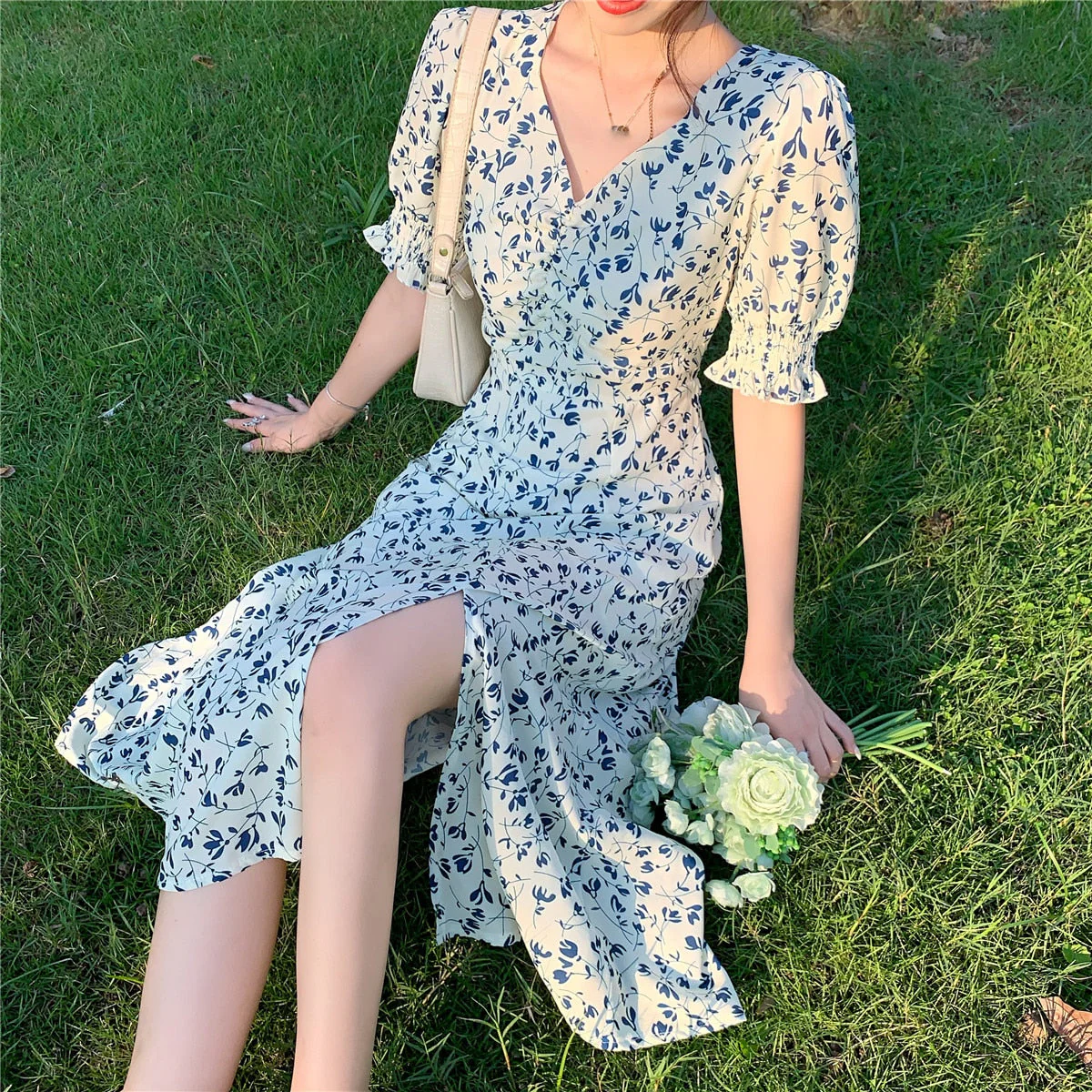 Hulianfu Harajuku Floral Dress for Women Party French Vintage Retro Office Lady Casual Club Mini Sexy Dresses Summer New Clothes - Deanwangkt