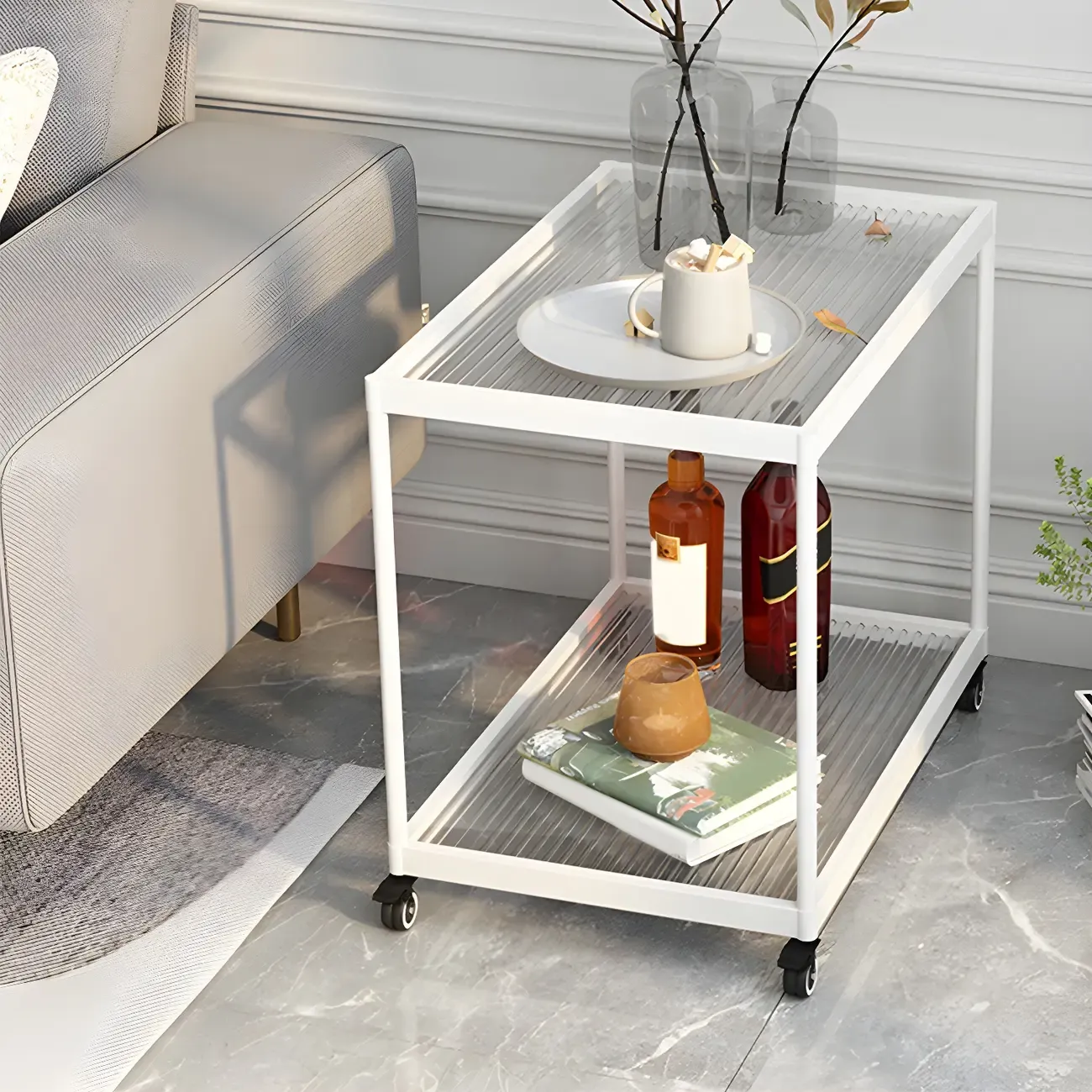 Gold Glass Rectangular Top Shelf Side Table on Wheels
