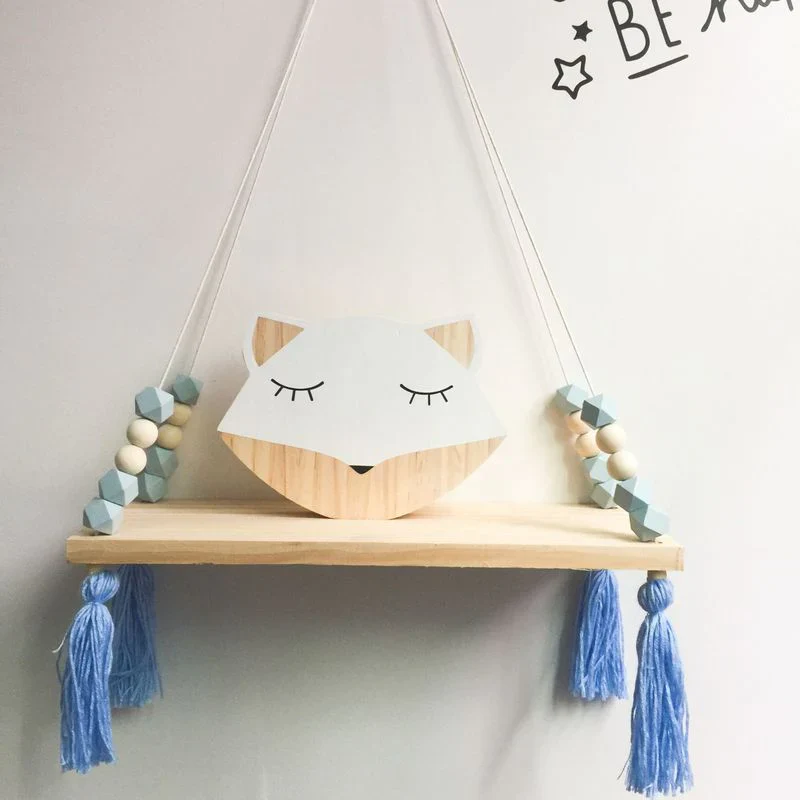HULIANFU Nordic Nursery & Kids Decor Tassels Storage Shelf Rack Wall Hanging Wood Toys Model Baby Kid Room Furnish Artic Home Decoration - Deanwangkt