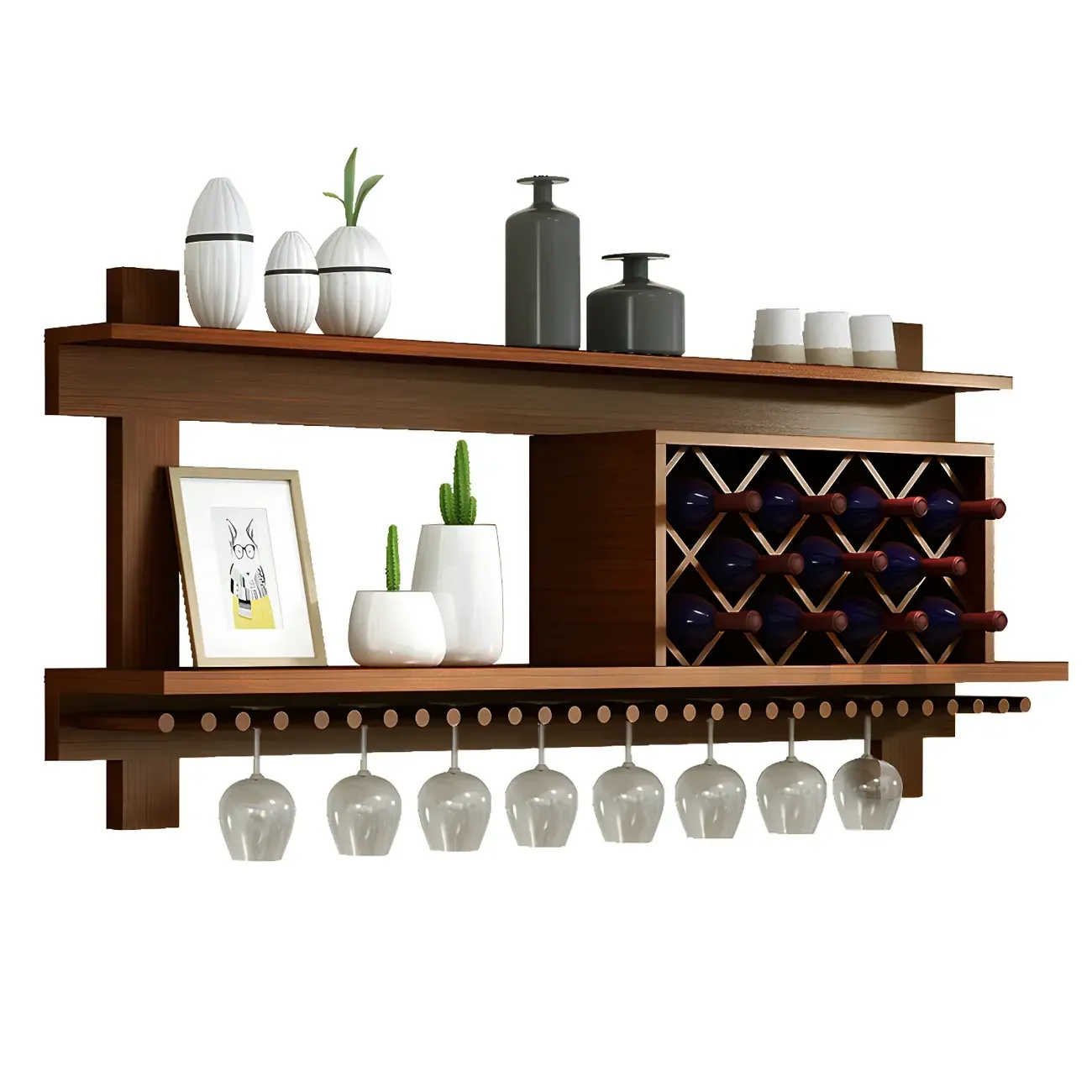 Pine Wooden Wall-Mounted Display Open Wine Bottle & Glass Rack