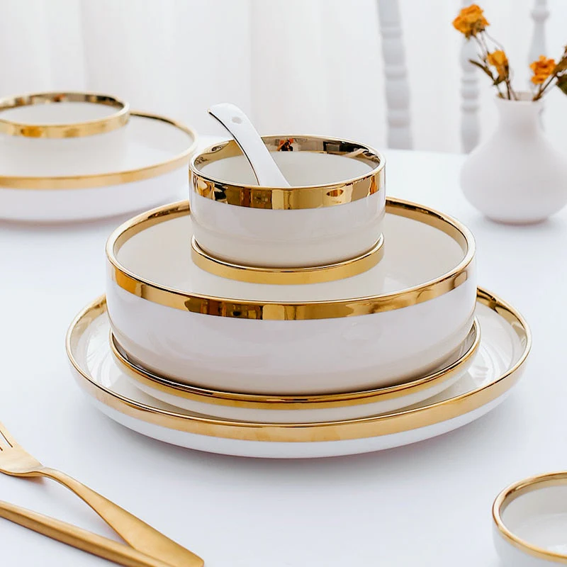 HULIANFU White Porcelain Plates for Food Dinner Set Dishes Salad Soup Bowl Ceramic Plates and Bowls Set Tableware Set Service for 4/6/8 - Deanwangkt