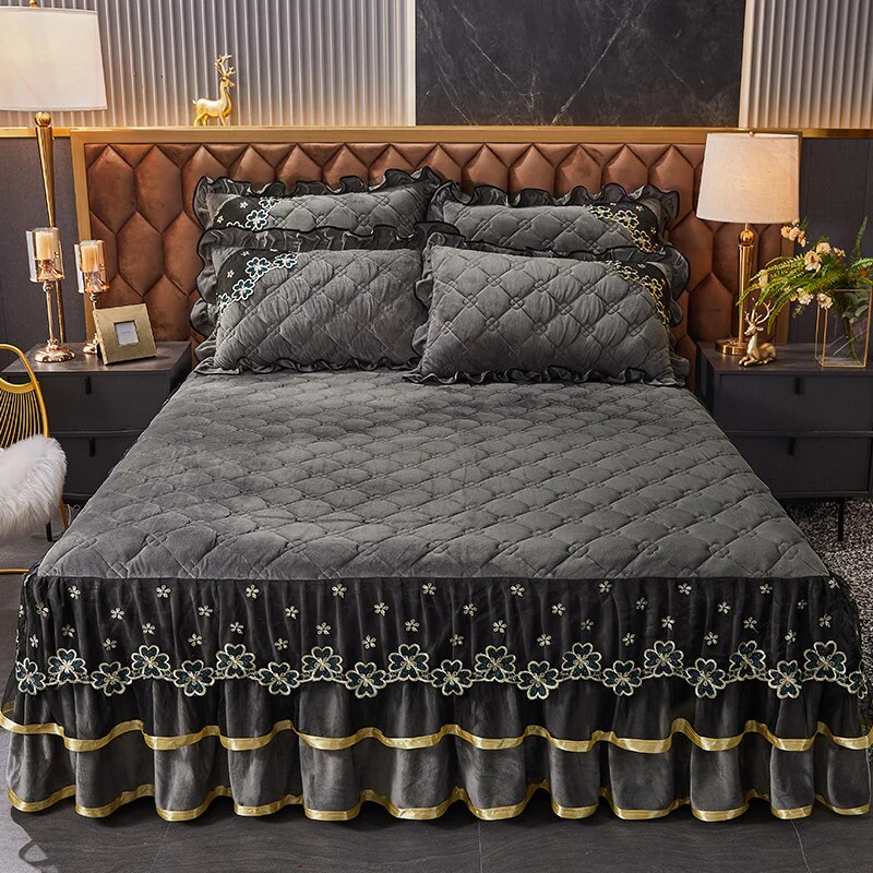 HULIANFU Luxury Super Soft Crystal Velvet Fleece Lace Ruffles Quilted Bed Skirt Mattress Cover Bedspread Pillowcase Bedding Home Textiles - Deanwangkt