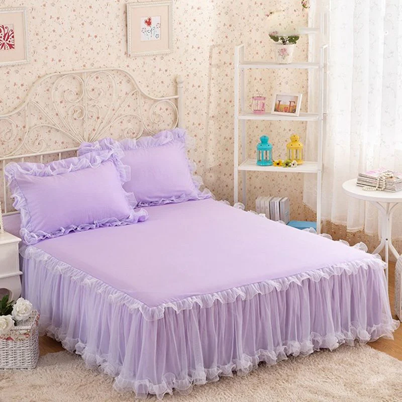 HULIANFU Pink Lace Lotus Leaf Lace Bed Skirts Princess Style Solid Color Bedspread Bed Cover Non-Slip Sheets Without Pillowcase - Deanwangkt