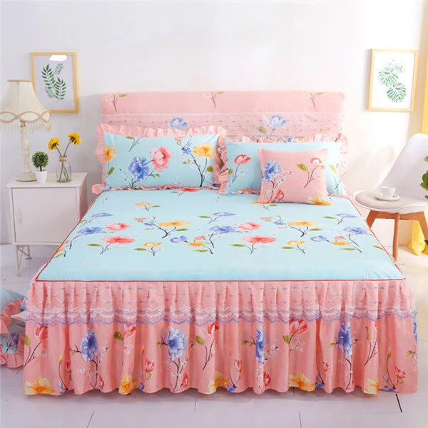 HULIANFU  3pcs set Elegant floral bed skirt skin-friendly cotton lace bedding home decor bedspreads queen pink king size bed cover - Deanwangkt
