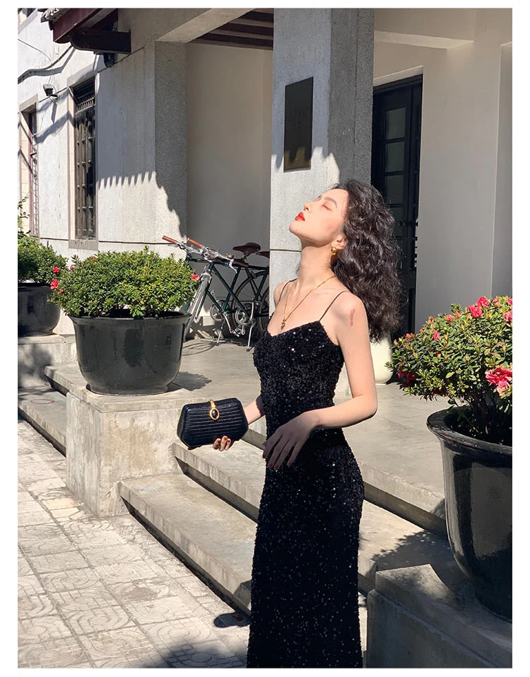 Hulianfu Maxi Long Sequin Dress Sexy Red Glitter Bodycon Wedding Guest Birthday Party Dresses Elegant Occasion Dress for Women - Deanwangkt