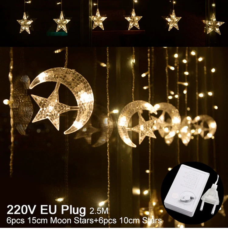 HULIANFU Star Moon Led Curtain Garland String Light Eid Mubarak Ramadan Decoration Islam Muslim Party Decor Eid Al Adha Gift Eid Mubarak - Deanwangkt